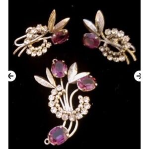 Vintage Carl Art Sterling Pave Amethyst & Flower Pendant  & Clip Earrings #478